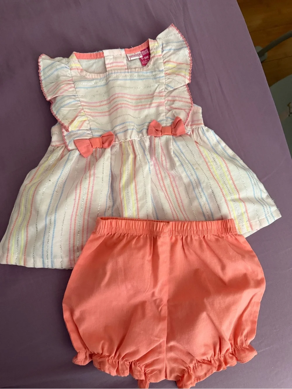 Girls Coral Stripe Ruffle Top & Coral Bloomers Matching Set